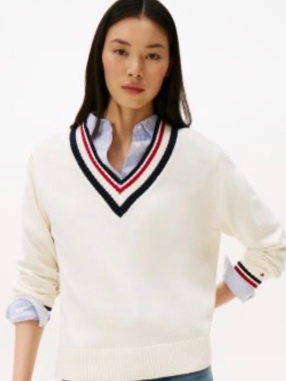 Tommy Hilfiger Cream Soft Touch V-Neck Sweater with Navy and Red Trim XL